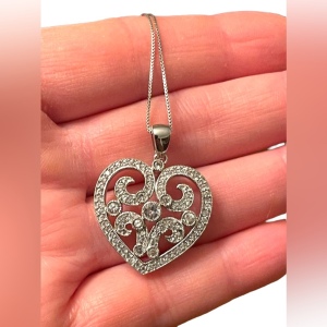 sterling silver 925 silver rhodium plt Fancy CZ heart pendant necklace