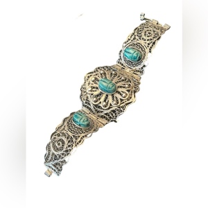 Vintage Egyptian Hand Made Filigree Flower CUFF Bracelet With Carved Scarab