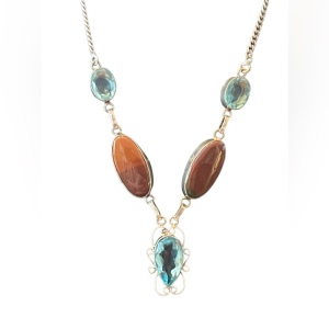 Fancy Silver finish Indonesian stone & blue topaz glass princess necklace