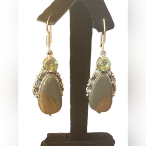 Silver finish Indonesian glass & stone dangle earrings