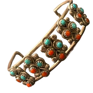 Vintage Native Southwestern Coral & Turquoise artisan handmade Bangle bracelet