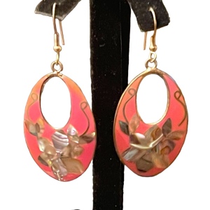 Vintage 1980s Mexico Alpaca pink Enameled abalone inlay earrings dangle