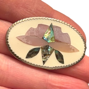 Vintage Mexico Alpaca Abalone flower inlay ovale brooch pendant