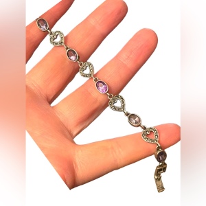 Sterling silver 925 marcasite heart link amethyst bracelet