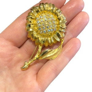 Fancy Gold finish Flower with crystals brooch Large