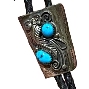 Vintage 1950s Sterling silver Turquoise Signed Navajo Bolo Tie Hand made