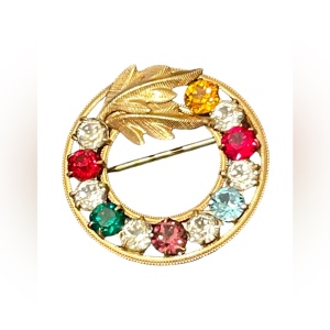 Vintage 14k gold filled DCE colorful rhinestone crystal wreath leaf brooch 1950s