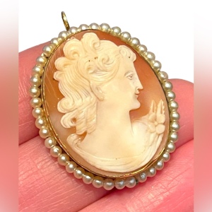 Vintage Hand Carved shell 12K Gold Filled Victorian Lady FWP trim brooch pendant