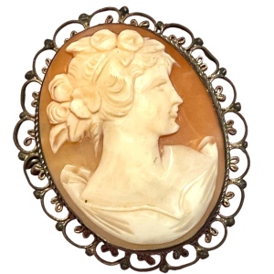 Vintage Silver filagree Hand carved shell Cameo Victorian Lady Large