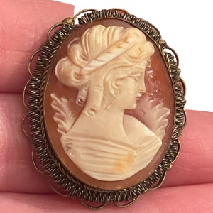 Antique Hand carved ornate victorian lady carved shell Cameo brooch pendant