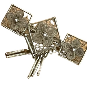 Antique silver filagree fancy flower geometric style dangle brooch C clip