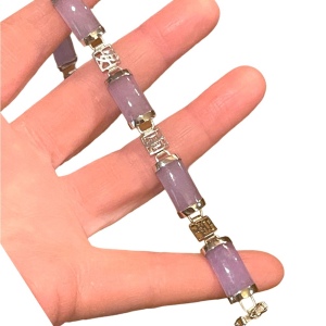 Sterling silver 925 rhodium plt Lucky chinese purple Jade link bracelet