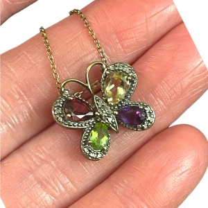 Sterling silver Italy gold plated Multi gemstone butterfly pendant necklace