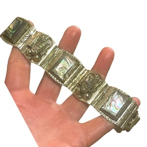 Vintage Mid century Alpaca Silver Taxco Mexican Abalone Warrior Bracelet