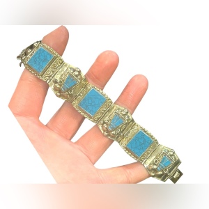 Vintage Mexico Alpaca silver Simulated turquoise mayan Aztec warrior bracelet