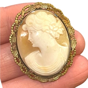 Vintage gold filled 1950s Carved shell cameo Left facing brooch pendant