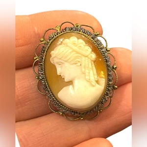 Vintagw 1960s Gold wash rolled wire work edge shell cameo brooch pendant