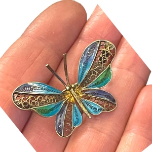 Antique Sterling silver 925 chinese export filagree enameled butterfly brooch