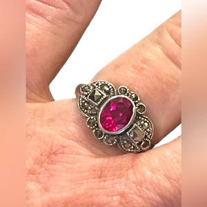 Sterling silver 925 Marcasite Simulated ruby crystal Fancy ring