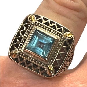 Sterling silver 925 fancy blue topaz glass chunky ring with ornate scrollwork