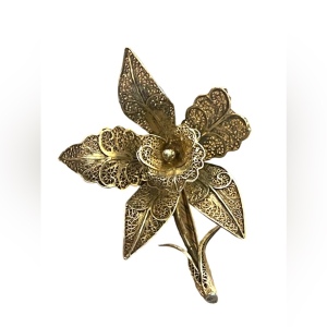 Vintage Lily Flower 835 Silver Filigree Brooch Pin appx 1940s antiqued