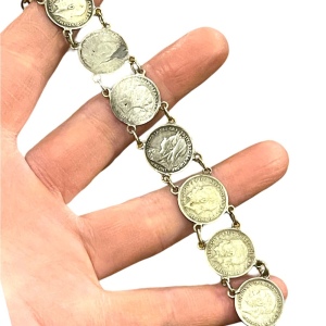 Antique Solid Silver Three Pence British Coin Bracelet 1930s Queen Victoria