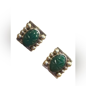 Vintage 1950s sterling silver 925 Taxco Mexico Aztec Mayan Green Onyx earrings