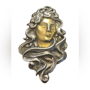 Antique Sterling Silver 925 : gold Handmade Art Nouveau Lady pendant brooch