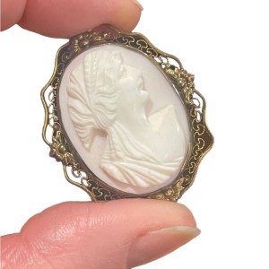 Vintage Mid Century Angel coral carves Ornate filagree Cameo brooch pendant