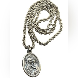 Vintage sterling silver 925 rope chain with Mary Religious pendant