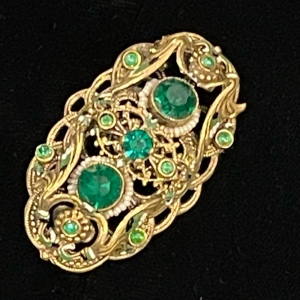 Antique 1920s Brass green paste glass CZECH fancy ornate design brooch