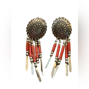 Vintage sterling silver coral concho southwestern Navajo dangle earrings