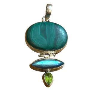 Vintage 1970 Sterling silver Peridot Malachite Labradorite chunky heavy pendant