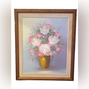 Vintage wood framed flower oil painting on canvas