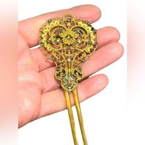 Victorian Antique hair comb pierced goldtone filigree metal design crystals LG