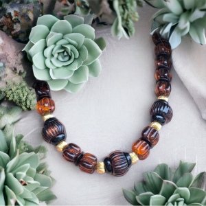 Vintage Faux Amber resin bead necklace 21”