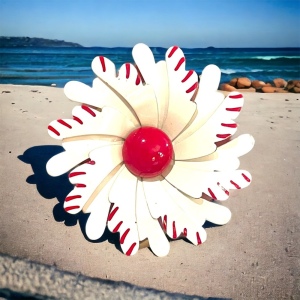 Vintage 1960s White & Red Flower large metal brooch