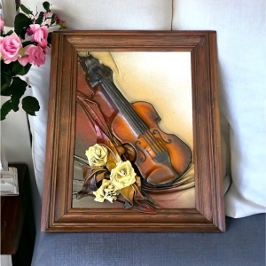 VTG High Relief Handmade leather Violin & flowers Hanging heavy 3D picture