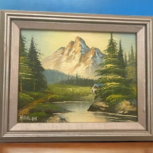 Vintage signed framed landscape mountains oil painting on canvas