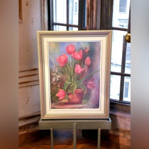 Vintage 1980s Signed foower oil painting Lovely pink tulips pro framed