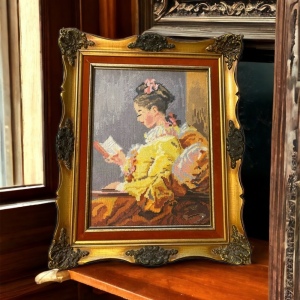 Vintage Large ornate gold wood Framed velvet Girl Reading needle point picture