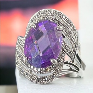 Purple crystal Marcasite rhodium plated ring silver