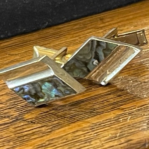 VINTAGE Modernist ABALONE Signed CJ TAXCO MEXICO STERLING CUFFLINKS