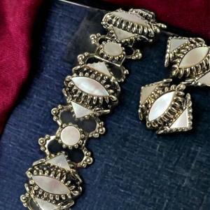 Vintage 1960s Faux MOP chunky bracelet & matching clip on earrings antiqued