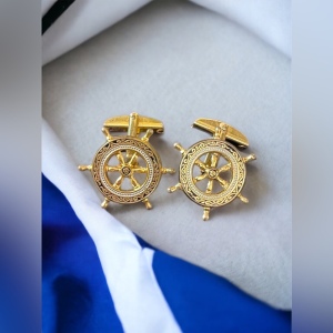 Vintage ships wheel Nautical Damascene gold plate Cuff link cufflinks