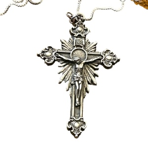 Antique Silver ornate Victorian Crucifix cross religious pendant 925 necklace