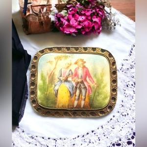 Antique 1920s CZECH ceramic Victorian Scene Cameo brooch square