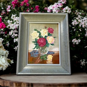 Vintage signed oil painting on board wood frame roses