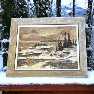 Vintage River water winter landscape signed oil painting on board wood frame