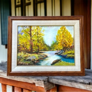 Vintage signed landscape oil painting wood frame